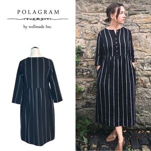 POLOGRAM NAVY LINEN BLEND STRIPED MIDI DRESS BUTTON FRONT MINIMALIST COTTAGECORE